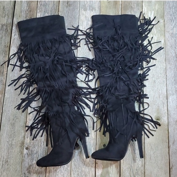 Black 4 Layer Fringe Stiletto Over the Knee Boots Catwalk Sexy 6M NWOT - Picture 5 of 11